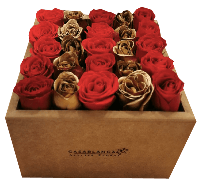 Caja de Rosas Doradas y Rojas
