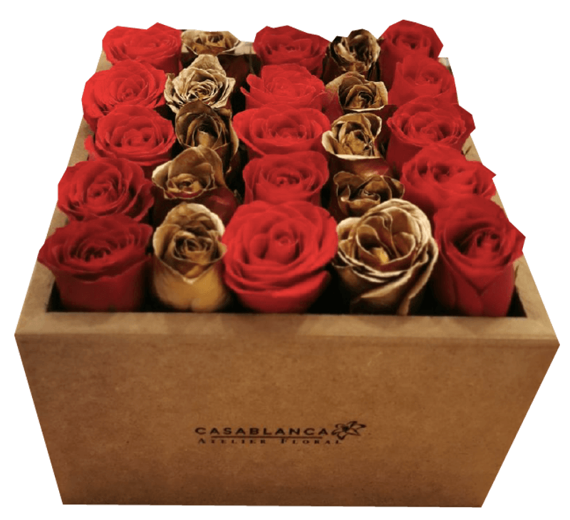 Caja de Rosas Doradas y Rojas