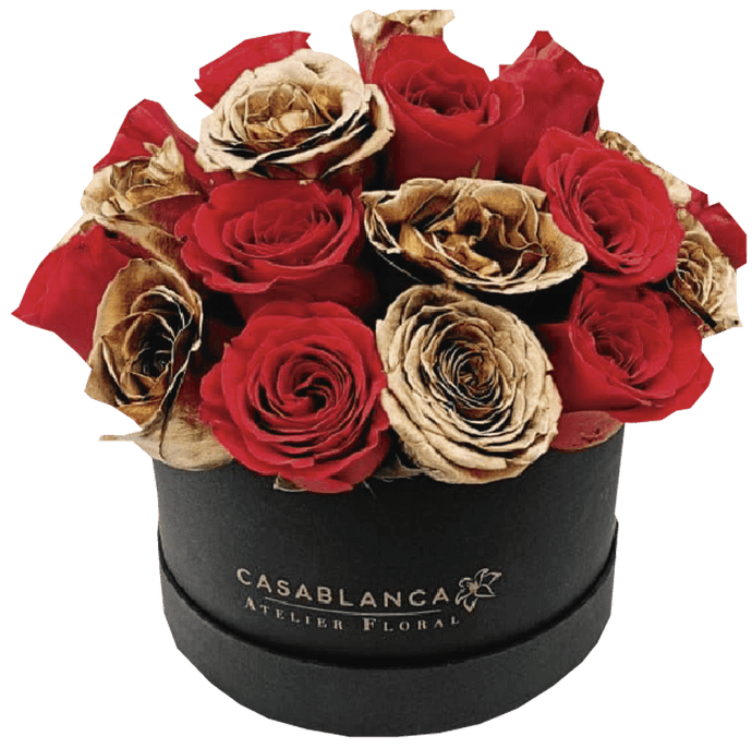 Caja redonda de rosas Rojas y Doradas